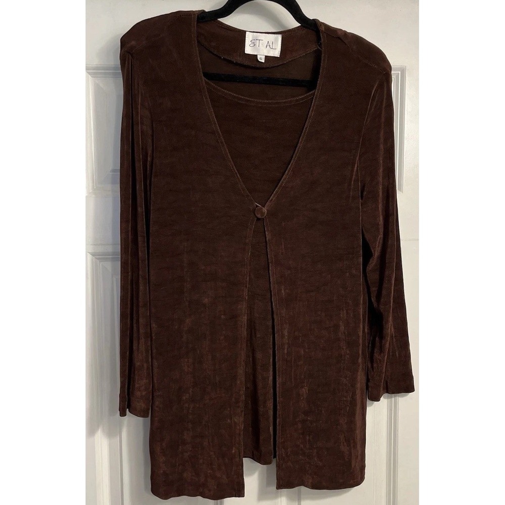 Womens‎ Slinky Knit Tunic Top Layered Sz 6 Button Stretch Vtg Et Al USA Made